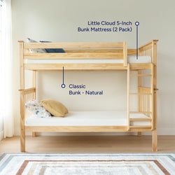 Natural wood classic bunk bed with Little Cloud 5-inch bunk mattresses, showcasing children's bedroom furniture setup.