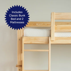 Wooden bunk bed with two included mattresses and ladder for children’s bedroom.