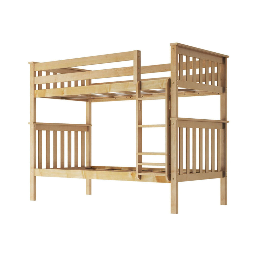 Natural wood twin bunk bed frame with ladder and safety rails.