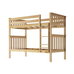 Natural wood twin bunk bed frame with ladder and safety rails.
