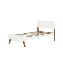 Modern minimalist white single bed frame with wooden legs.