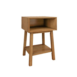 Wooden mid-century modern side table with open shelf and natural finish.