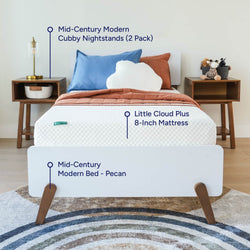 Mid-century modern bedroom with pecan bed, nightstands, and Little Cloud Plus 8-inch mattress, featuring stylish blue and rust bedding.