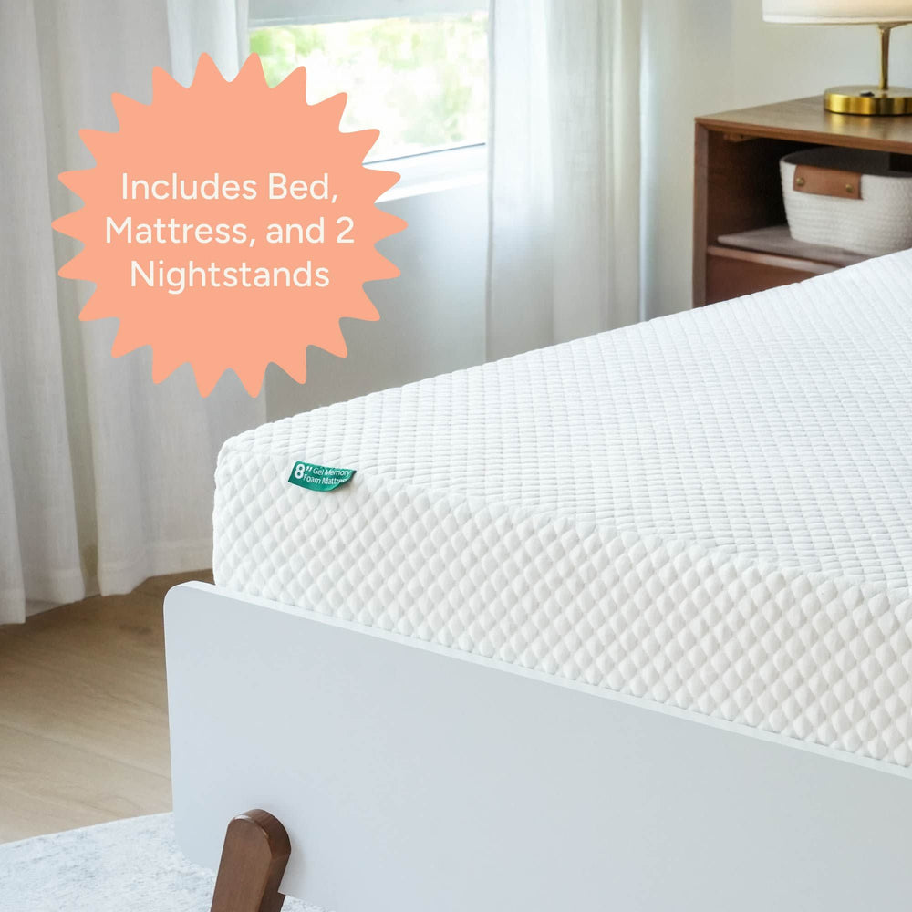 Modern bedroom set with bed, memory foam mattress, and two stylish nightstands in sunlit room.